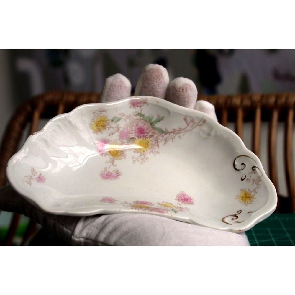 Antique Cauldon England Semi Porcelain Fleur Crescent Bone Dish Floral Gold Gilt
